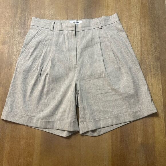 FRAME Linen Shorts Pleated Size 4 Stretch High Rise Cuffed‎ Hem - Picture 3 of 11